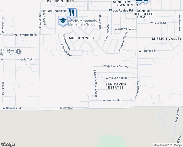 map of restaurants, bars, coffee shops, grocery stores, and more near 3311 West Via Santa Dorotea in Tucson