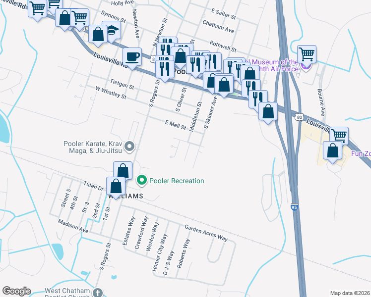 map of restaurants, bars, coffee shops, grocery stores, and more near 306 Manden Road in Pooler