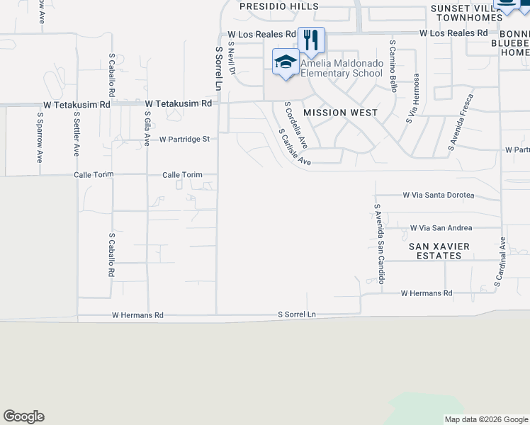 map of restaurants, bars, coffee shops, grocery stores, and more near 3652 West Via Los Olmecas in Tucson