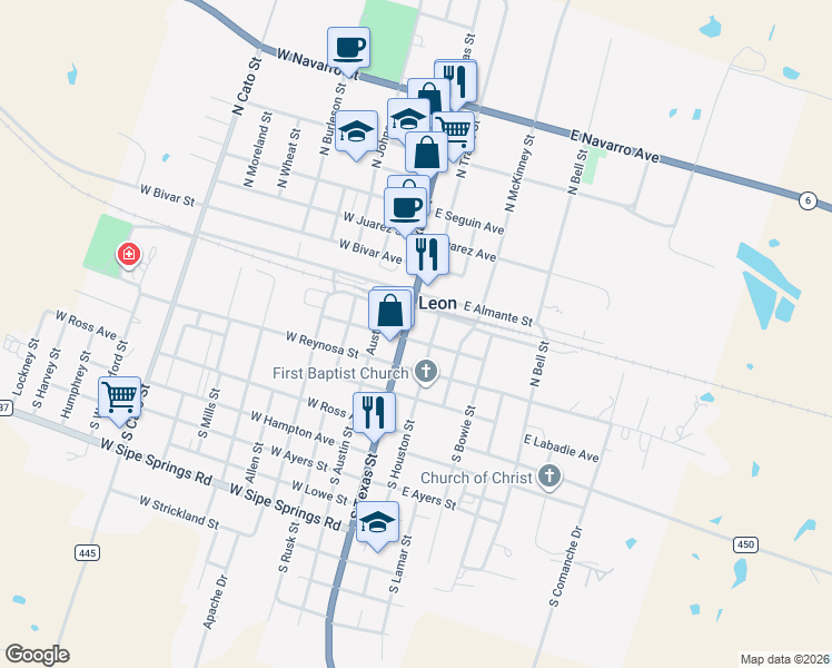 map of restaurants, bars, coffee shops, grocery stores, and more near in De Leon