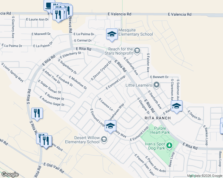 map of restaurants, bars, coffee shops, grocery stores, and more near 7807 South Kilbrennan Way in Tucson