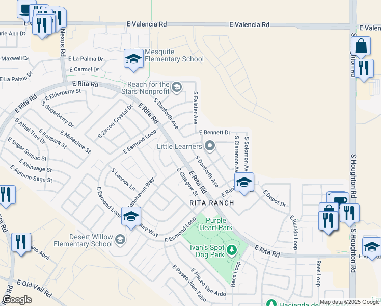 map of restaurants, bars, coffee shops, grocery stores, and more near 7800 South Danforth Avenue in Tucson