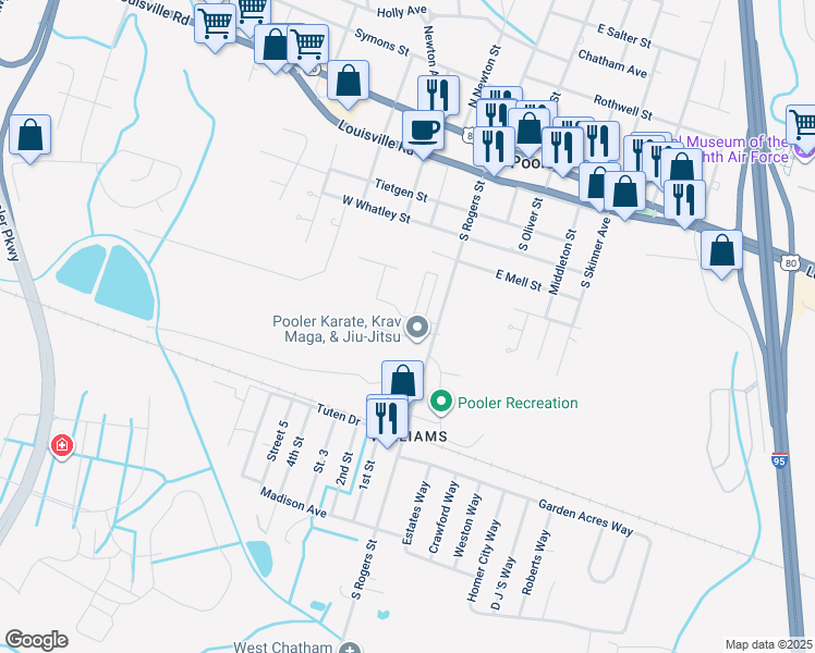 map of restaurants, bars, coffee shops, grocery stores, and more near 102 Live Oak Street in Pooler