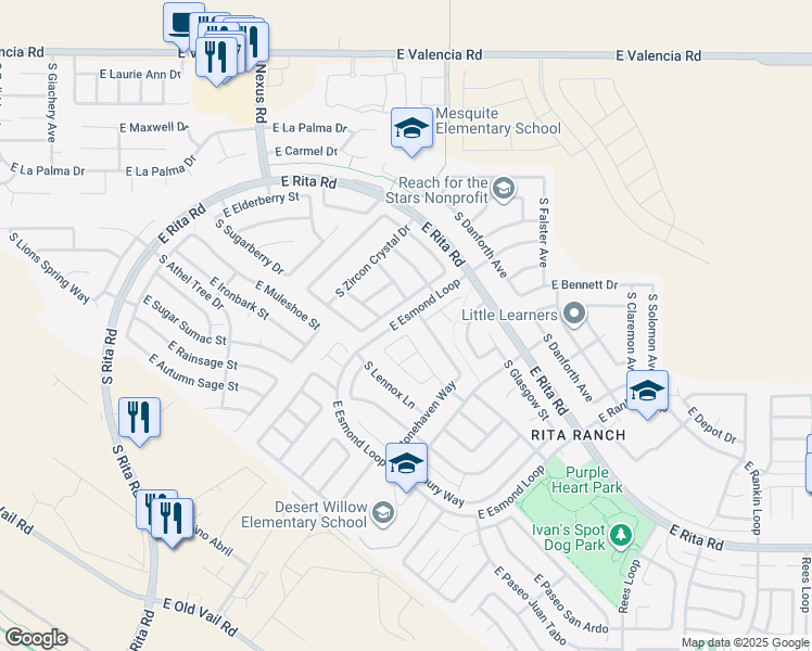 map of restaurants, bars, coffee shops, grocery stores, and more near 7765 South Precious Opal Drive in Tucson