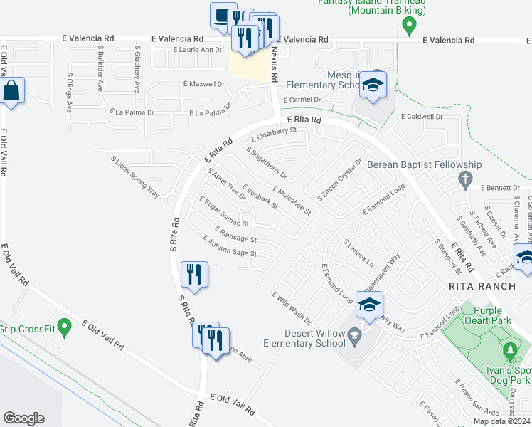 map of restaurants, bars, coffee shops, grocery stores, and more near 7789 South Ironbark Court in Tucson