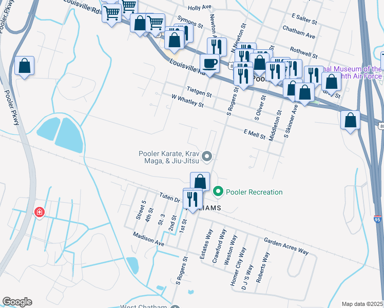 map of restaurants, bars, coffee shops, grocery stores, and more near 116 Live Oak Street in Pooler