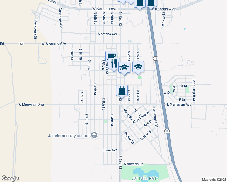 map of restaurants, bars, coffee shops, grocery stores, and more near 412 South 4th Street in Jal