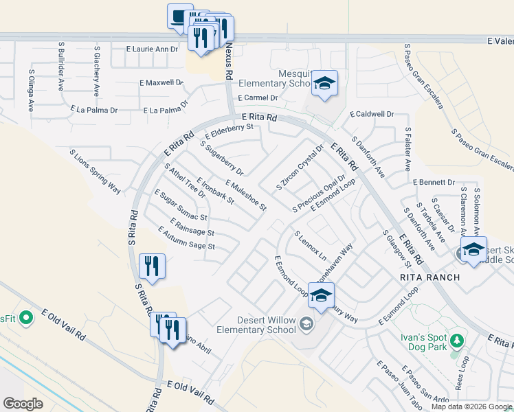 map of restaurants, bars, coffee shops, grocery stores, and more near 9228 East Muleshoe Street in Tucson