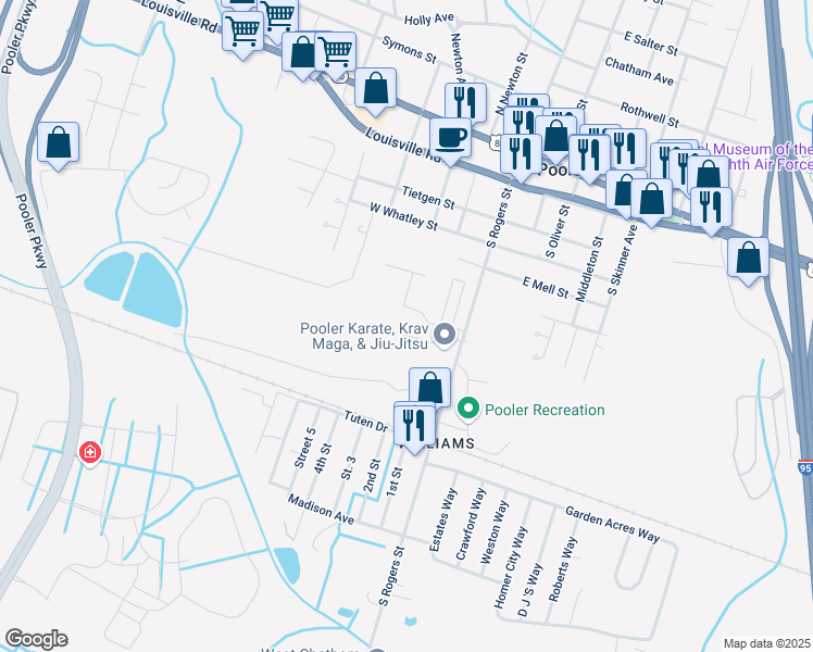 map of restaurants, bars, coffee shops, grocery stores, and more near 116 Live Oak Street in Pooler