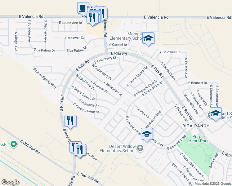 map of restaurants, bars, coffee shops, grocery stores, and more near 9246 East Muleshoe Street in Tucson