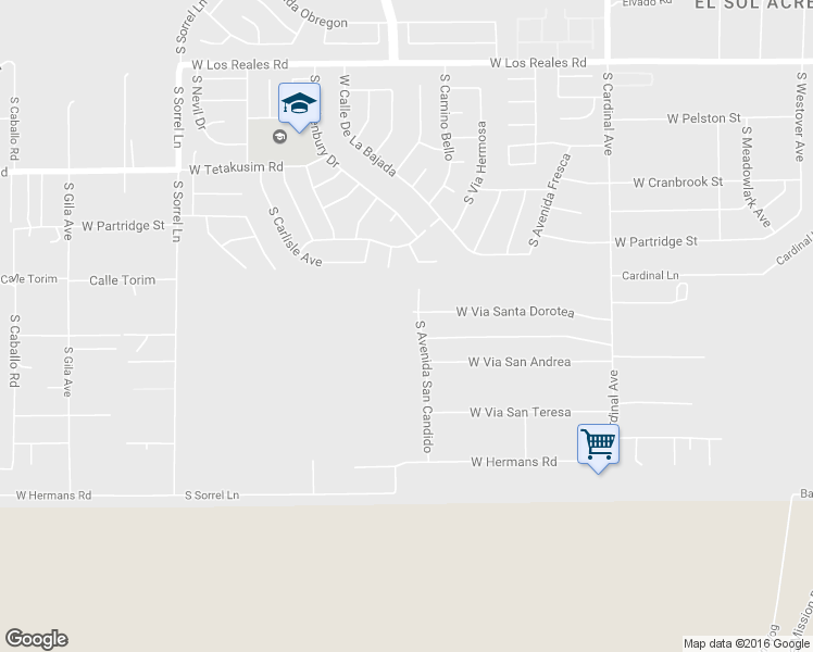 map of restaurants, bars, coffee shops, grocery stores, and more near 3311 West Via Santa Dorotea in Tucson