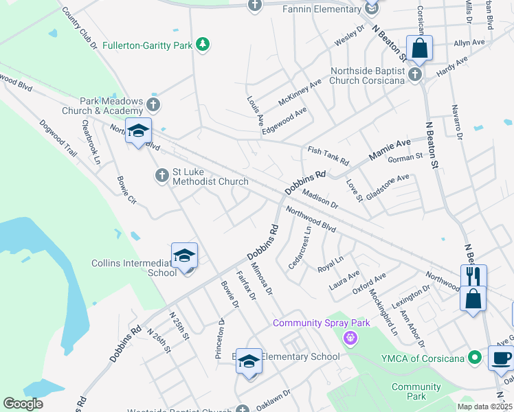 map of restaurants, bars, coffee shops, grocery stores, and more near 906 Bryn Mawr Street in Corsicana