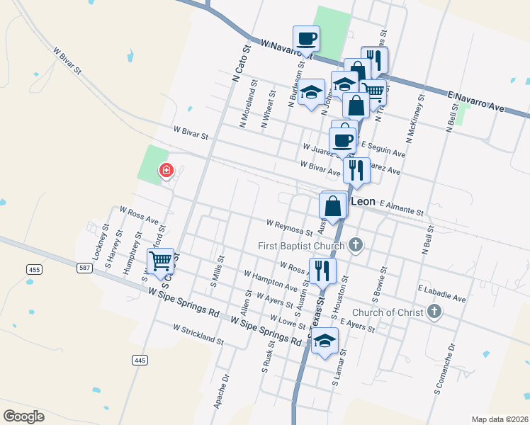 map of restaurants, bars, coffee shops, grocery stores, and more near 501 West Reynosa Street in De Leon