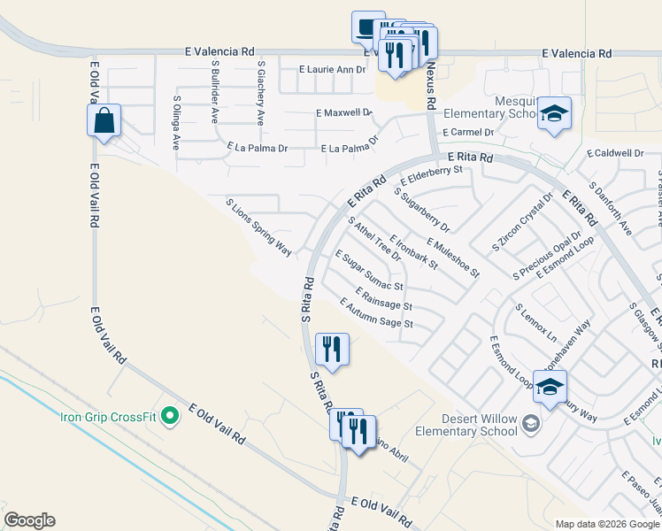 map of restaurants, bars, coffee shops, grocery stores, and more near 8927 East Rainsage Street in Tucson