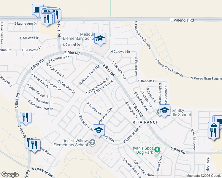 map of restaurants, bars, coffee shops, grocery stores, and more near 7780 South Lochnay Place in Tucson