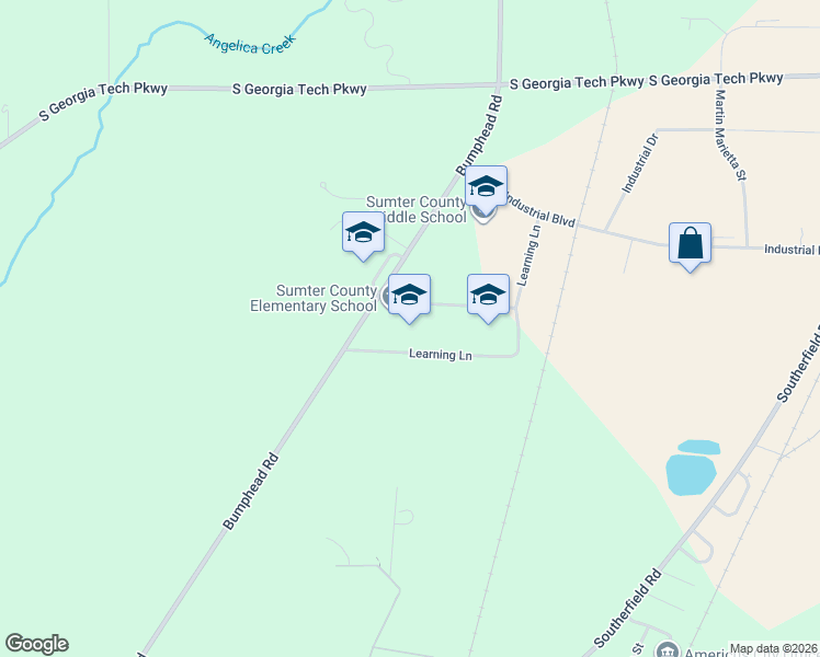map of restaurants, bars, coffee shops, grocery stores, and more near 123 Learning Lane in Americus