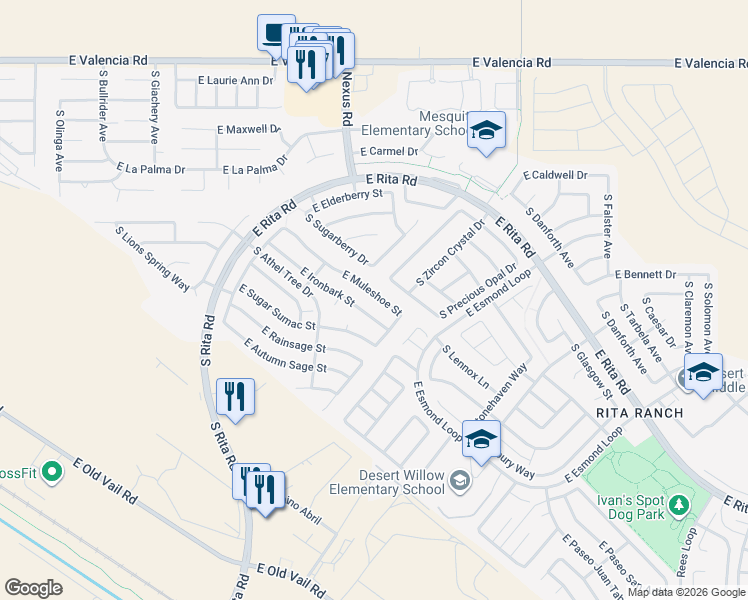 map of restaurants, bars, coffee shops, grocery stores, and more near 9228 East Muleshoe Street in Tucson