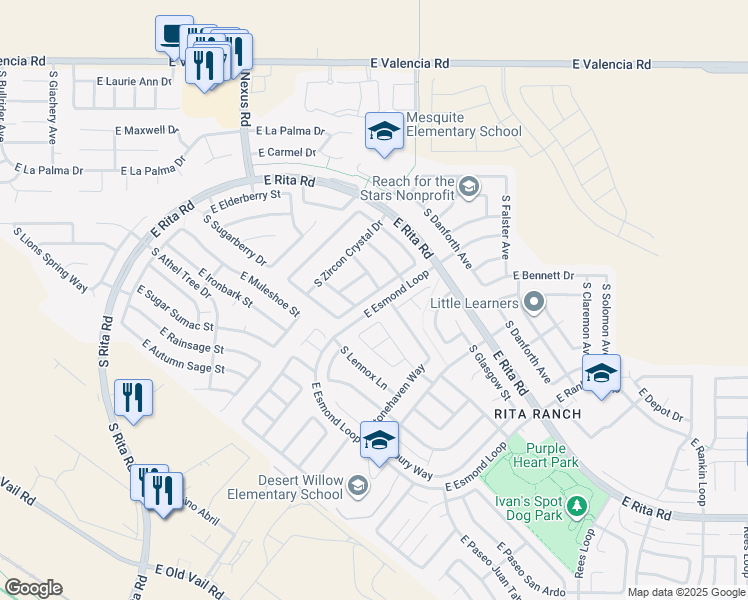 map of restaurants, bars, coffee shops, grocery stores, and more near 7765 South Precious Opal Drive in Tucson