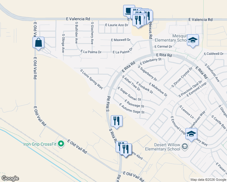 map of restaurants, bars, coffee shops, grocery stores, and more near 8927 East Rainsage Street in Tucson