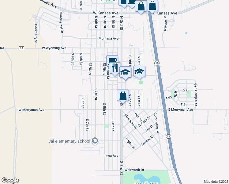map of restaurants, bars, coffee shops, grocery stores, and more near 412 South 4th Street in Jal