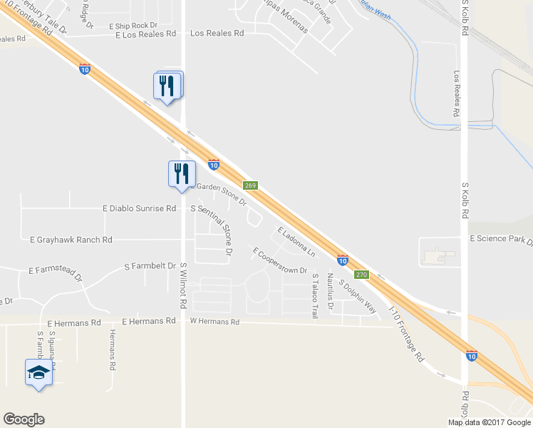 map of restaurants, bars, coffee shops, grocery stores, and more near 6549 East Garden Stone Drive in Tucson