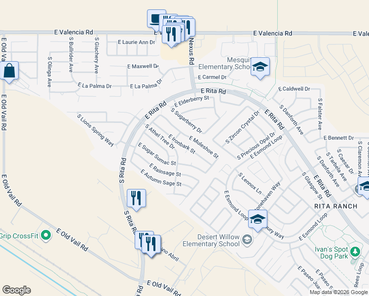map of restaurants, bars, coffee shops, grocery stores, and more near 7770 South Ironbark Court in Tucson
