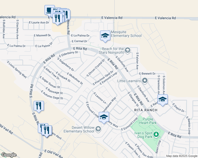map of restaurants, bars, coffee shops, grocery stores, and more near 7774 South Precious Opal Drive in Tucson