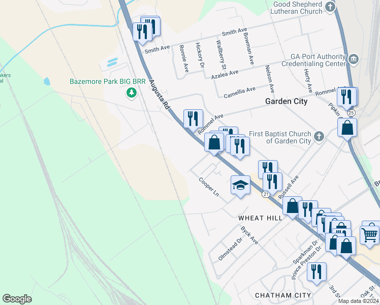 map of restaurants, bars, coffee shops, grocery stores, and more near 201 Rommel Avenue in Garden City