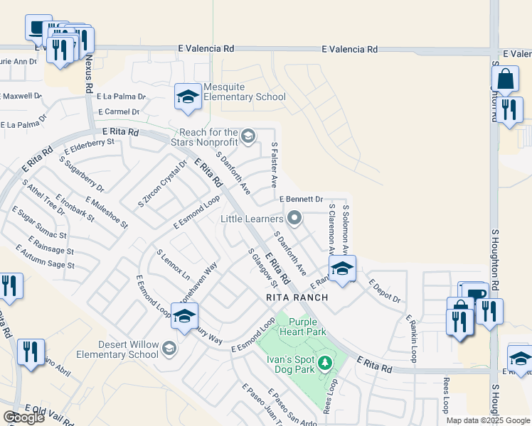 map of restaurants, bars, coffee shops, grocery stores, and more near 9651 East Stonehaven Way in Tucson