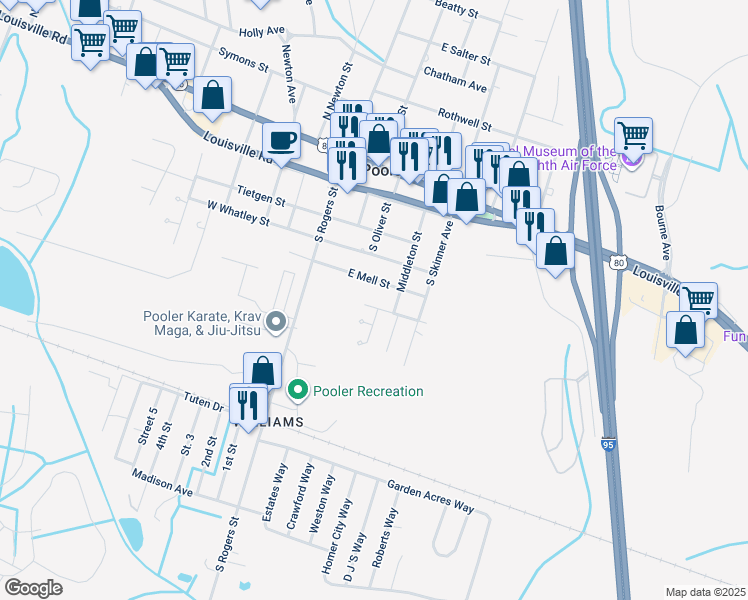 map of restaurants, bars, coffee shops, grocery stores, and more near 306 Manden Road in Pooler