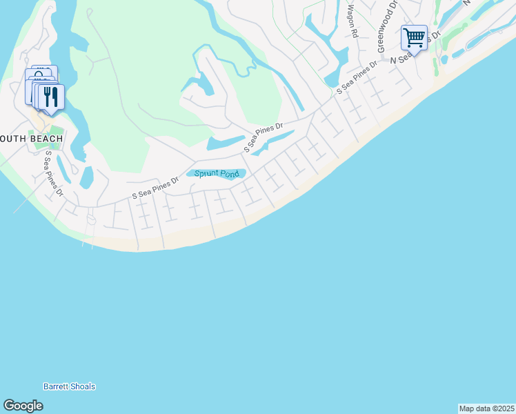 map of restaurants, bars, coffee shops, grocery stores, and more near 11 Seaside Sparrow Road in Hilton Head Island