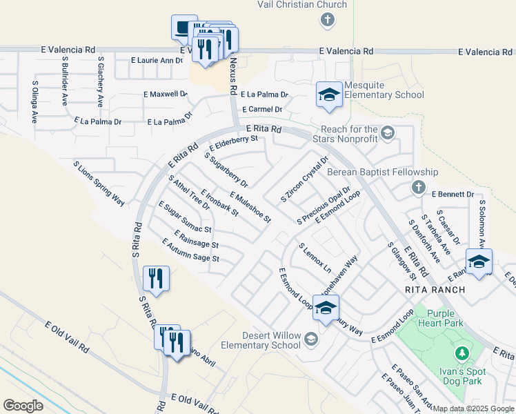 map of restaurants, bars, coffee shops, grocery stores, and more near 9241 East Muleshoe Street in Tucson