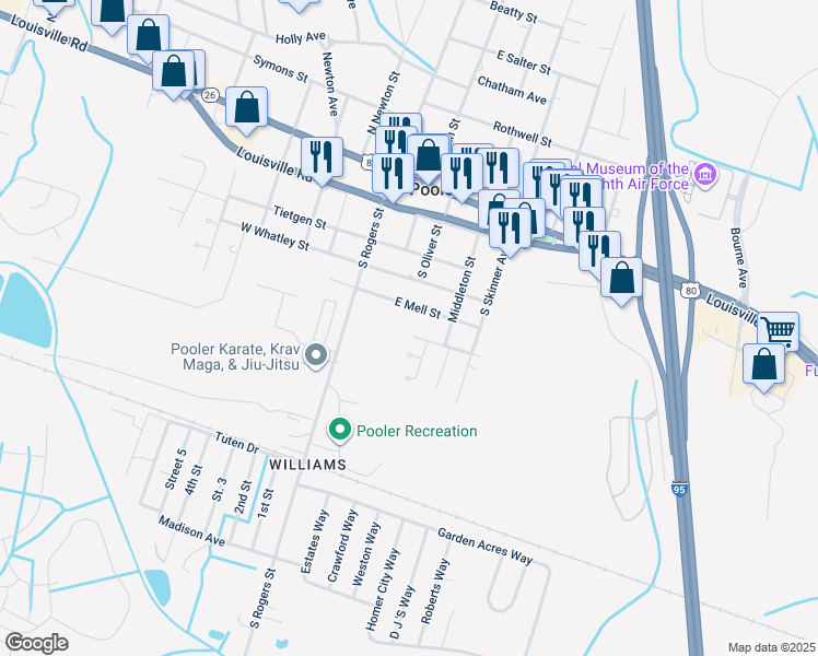 map of restaurants, bars, coffee shops, grocery stores, and more near 306 Manden Road in Pooler