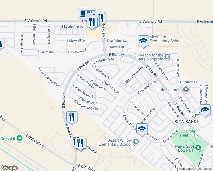 map of restaurants, bars, coffee shops, grocery stores, and more near 9186 East Muleshoe Street in Tucson