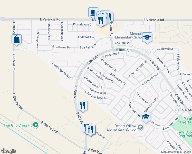 map of restaurants, bars, coffee shops, grocery stores, and more near 9073 East Orchid Vine Drive in Tucson