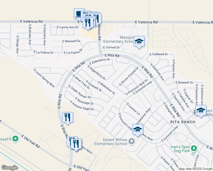map of restaurants, bars, coffee shops, grocery stores, and more near 9228 East Muleshoe Street in Tucson