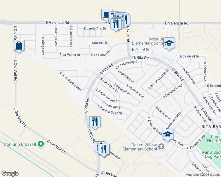 map of restaurants, bars, coffee shops, grocery stores, and more near 9073 East Orchid Vine Drive in Tucson