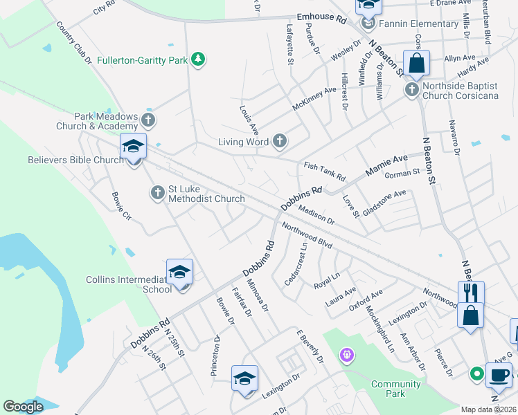 map of restaurants, bars, coffee shops, grocery stores, and more near 906 Bryn Mawr Street in Corsicana