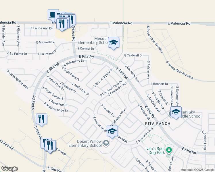 map of restaurants, bars, coffee shops, grocery stores, and more near 7765 South Precious Opal Drive in Tucson