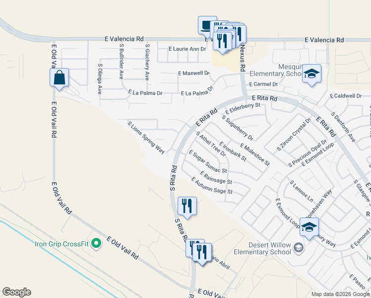 map of restaurants, bars, coffee shops, grocery stores, and more near 8927 East Rainsage Street in Tucson