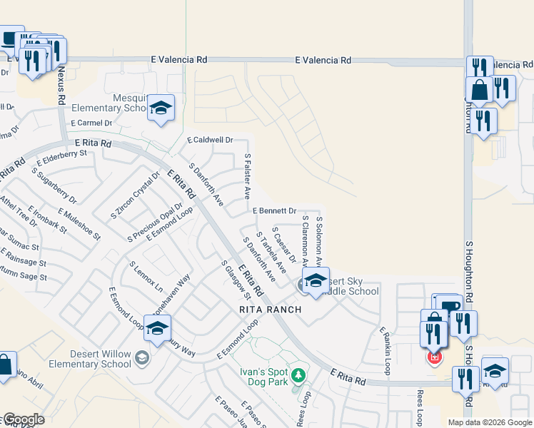map of restaurants, bars, coffee shops, grocery stores, and more near 7691 South Falster Avenue in Tucson