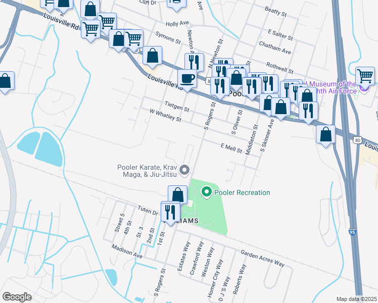 map of restaurants, bars, coffee shops, grocery stores, and more near 104 West Mell Street in Pooler