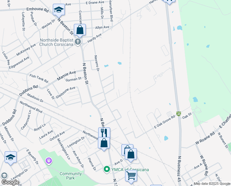 map of restaurants, bars, coffee shops, grocery stores, and more near 2001 Interurban Boulevard in Corsicana