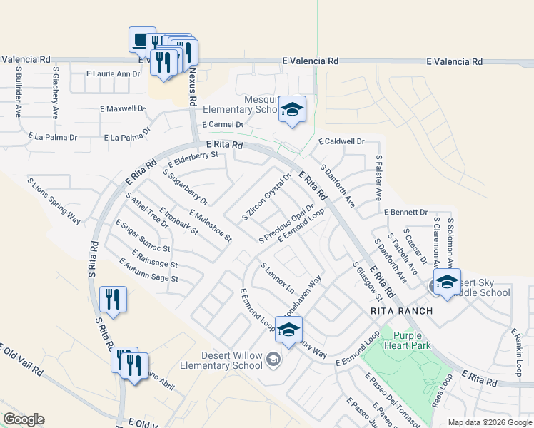 map of restaurants, bars, coffee shops, grocery stores, and more near 7691 South Zircon Crystal Drive in Tucson