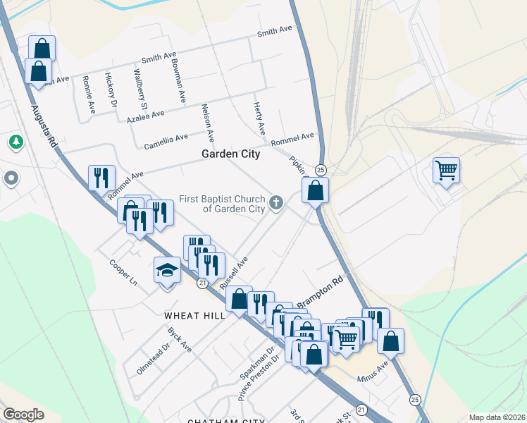 map of restaurants, bars, coffee shops, grocery stores, and more near 45 Nelson Avenue in Garden City