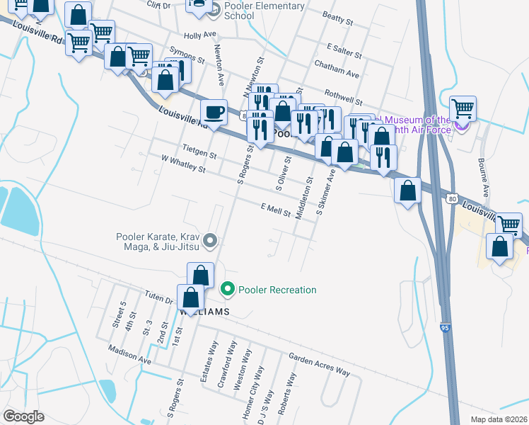 map of restaurants, bars, coffee shops, grocery stores, and more near 120 East Mell Street in Pooler