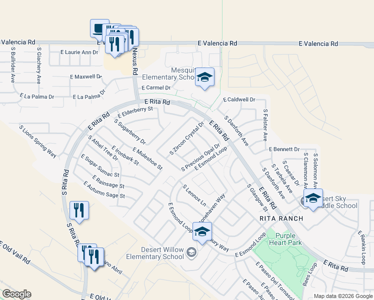 map of restaurants, bars, coffee shops, grocery stores, and more near 7691 South Zircon Crystal Drive in Tucson