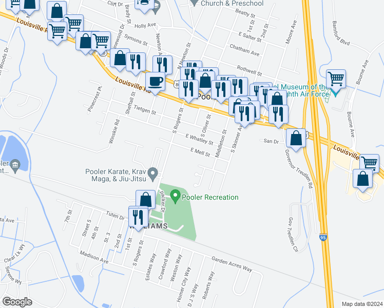 map of restaurants, bars, coffee shops, grocery stores, and more near 120 East Mell Street in Pooler