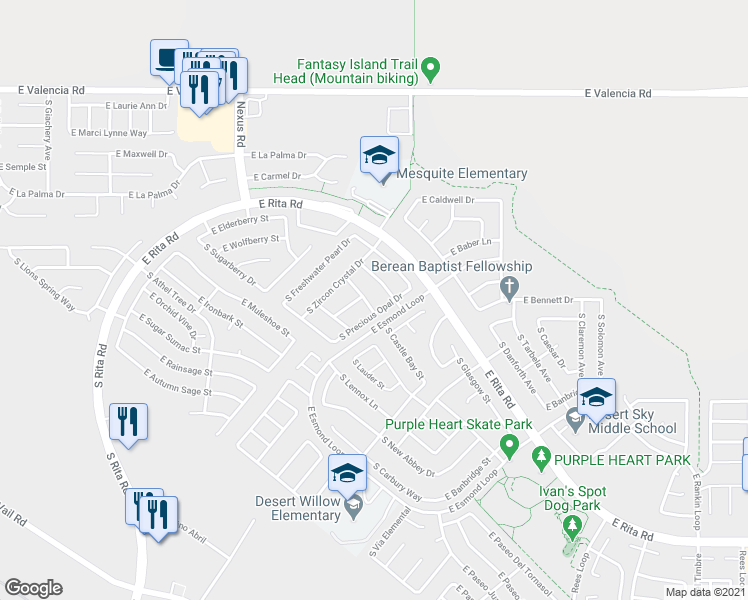 map of restaurants, bars, coffee shops, grocery stores, and more near 9417 East Yogo Sapphire Lane in Tucson
