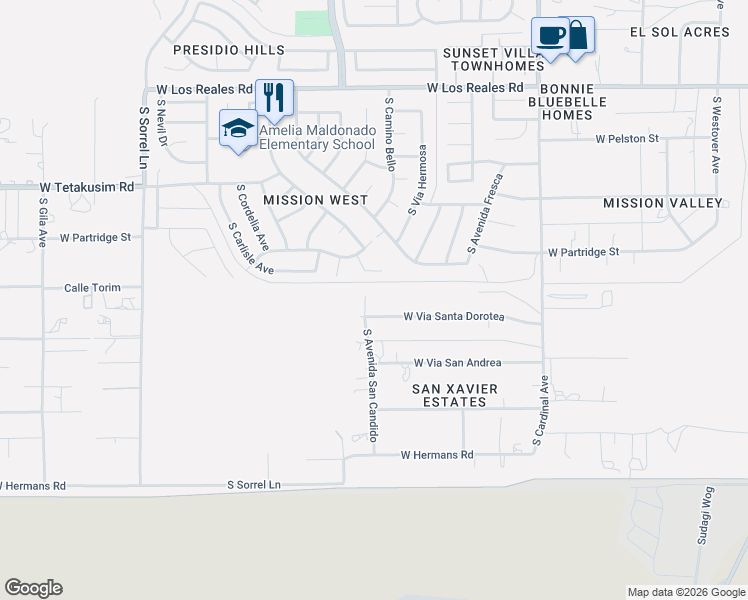 map of restaurants, bars, coffee shops, grocery stores, and more near 7686 South Dorset Court in Tucson